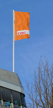 Berlin, Germany, December 18th 2020, flag with party logo on CDU party headquarters in KlingelhÃ¶ferstraÃe in Berlin Tiergartenのeditorial素材