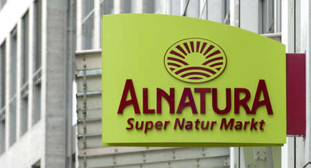 Berlin, Germany, May 4, 2021, sign with Alnatura logo above organic supermarket of the same name.のeditorial素材