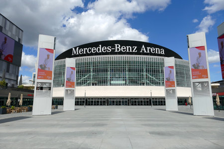 Berlin, Germany. May 5, 2021, Mercedes Benz Arena near the East Side Gallery in Berlin Friedrichshain with billboards in the foreground.のeditorial素材