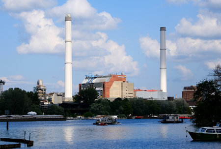 Berlin, Germany, July 2, 2021, view from PlÃ¤nterwald to the power plant Klingenberg of the Vattenfall companyのeditorial素材