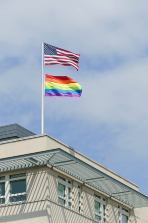 Berlin, Germany, July 3, 2021, rainbow flag during Pride Week on the roof of the US Embassy.のeditorial素材