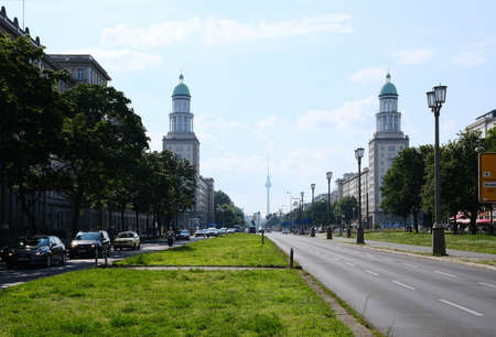 Berlin, Germany, June 17, 2021, view through Frankurter Tor towards Alexanderplatz with Karl-Marx-Allee and TV tower in the backgroundのeditorial素材