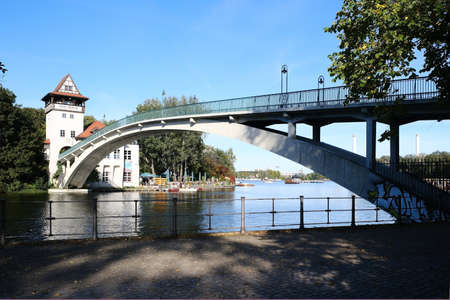 Berlin, Germany, October 1, 2021, curved reinforced concrete bridge to the Island of Youth in Treptower Park.のeditorial素材