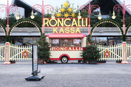 Berlin, Germany, December 20, 2021, entrance box office of Circus Roncalli with Christmas decoration in front of Tempodrom.のeditorial素材