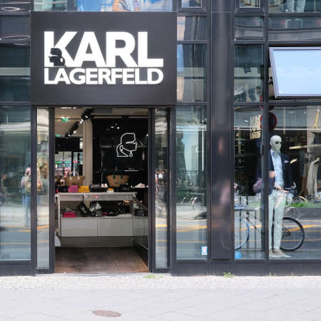 Berlin, Germany, May 10, 2022, entrance to Karl Lagerfeld store with company logo on Friedrichstrasseのeditorial素材