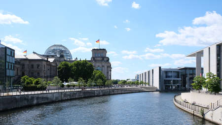 Berlin, Germany, June 21, 2022, view of the Spreebogen with Reichstag, Paul-LÃ¶be-Haus and...