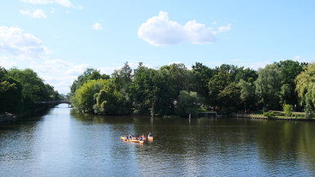 Berlin, Germany, July 20, 2023, Landwehrkanal at the confluence of the NeukÃ¶llner Schiffartskanal...
