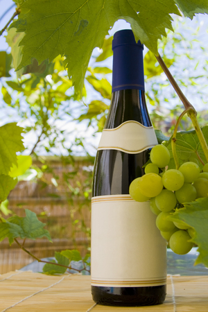 Red wine bottle with grapes on the side. Vertical shot.の写真素材