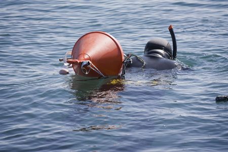 Diver in deep blue water. Horizontal shot.の写真素材