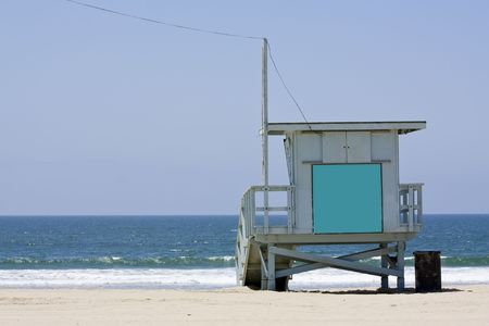 Lifeguard hut on the Malibu beach. Blank panel on the front to write anything you want.の写真素材
