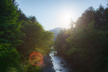 View from the ishibune bridge of the Akigawa valley in the west of Tokyo, Japanの写真素材