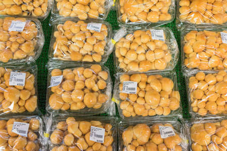 Iiyama, Nagano / JAPAN - SEPTEMBER 3rd 2018: at the Chikumagawa michi no eki a lot of local products from Nagano, here some nameko mushrooms.のeditorial素材