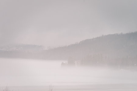 Foggy winter landscape with frozen lake and forest in the backgroundの写真素材