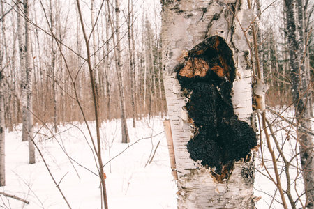 Close-up of natural Chaga mushroom on birch bark in the forest in winter.