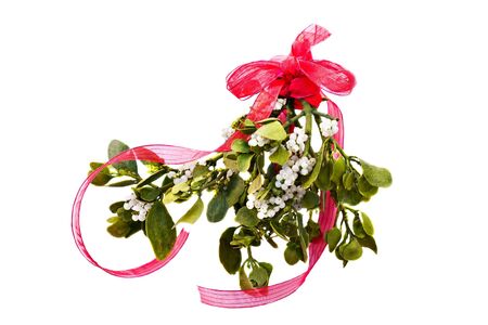 Fresh green mistletoe with a red bow and ribbon on a white background の写真素材