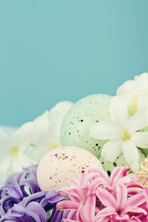 Easter eggs lying in a bed of spring flowers against a blue background with room for copyspace. Selective focus with extreme shallow DOF.
の写真素材