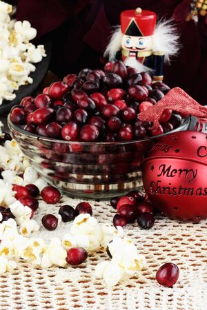 String of popcorn and cranberries with bowl of cranberries, popcorn, gift and ornaments in background. Shallow depth of field.

の写真素材