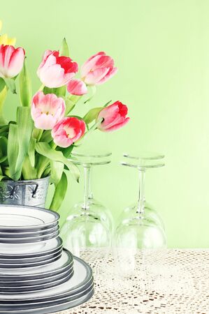 Spring table for Mother's Day or Easter meal. Copy space available.の写真素材