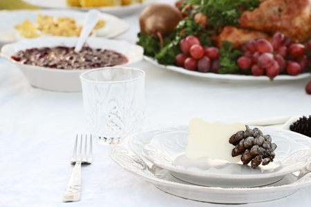 Thanksgiving Holiday table setting with cranberry sauce, deviled eggs and roast turkey in background. Blank note card placed on plate. Extreme shallow depth of field with selective focus on center of plate.の写真素材