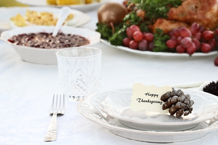 Thanksgiving Holiday table setting with cranberry sauce, deviled eggs and roast turkey in background. Happy Thanksgiving note card placed on plate. Extreme shallow depth of field with selective focus on center of plate.の写真素材
