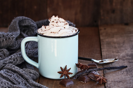 Enamel cup of hot cocoa or coffee for Christmas with whipped cream, shaved chocolate, vanilla pod, spices and gray scarf against a rustic background. Shallow depth of field with selective focus on drink.