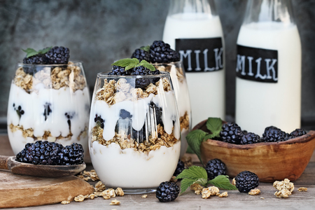Blackberry parfaits made with Greek yogurt, granola and fresh blackberries. Extreme shallow depth of field with selective focus on parfait in foreground.の写真素材