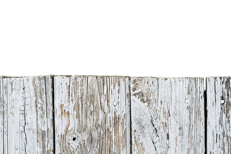 Old wood planks background with chippy paint isolated against white with room for copy space.の写真素材