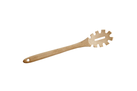 High angle view of a wood spaghetti fork isolated cut out over a white background. Available copy space for text.の写真素材