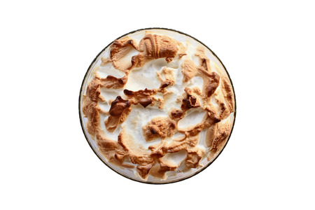 High angel view of homemade banana pudding with Meringue made from scratch isolated over a white background. Clipping path included.の写真素材
