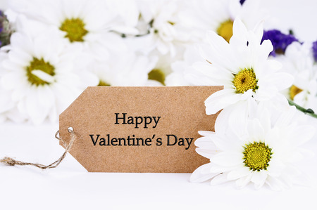Valentines Day card and daisies. Extreme shallow depth of field with selective focus on card.の写真素材