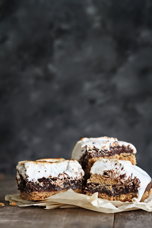 Delicious Smores Peanut Butter Brownie bars with free space for text. Extreme shallow depth of field with selective focus on smores bars in the foreground.の写真素材