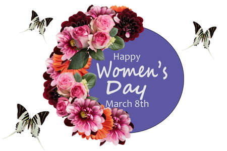 Happy March 8th International Women's Day Background. Collage of photos of flowers and butterflies flat lay greeting card template.の写真素材