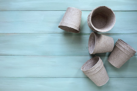 Group of empty peat pots over a green rustic table with copy space. Table top view.の写真素材