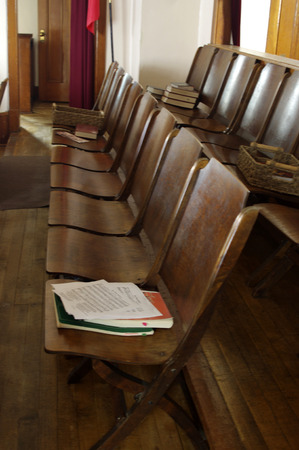 Wooden seats in a church choirの写真素材