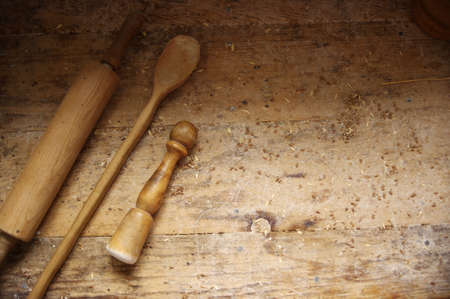 wooden baking tools on wood table topの写真素材
