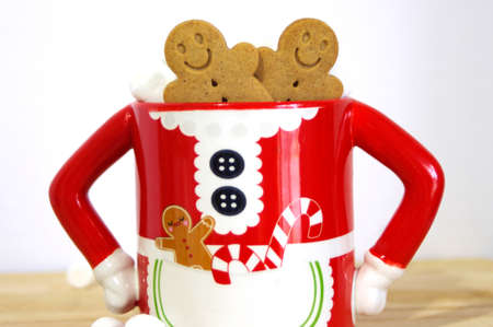 two gingerbread  smiley face cookies in a funny Mrs. Santa Clause coffee mug with hot chocolate, marshmallowsの写真素材