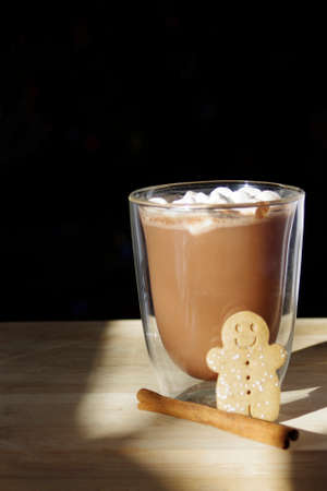 cute gingerbread man cookie with cinnamon stick leaning against a clear glass of hot chocolate with whip cream topping with copy spaceの写真素材