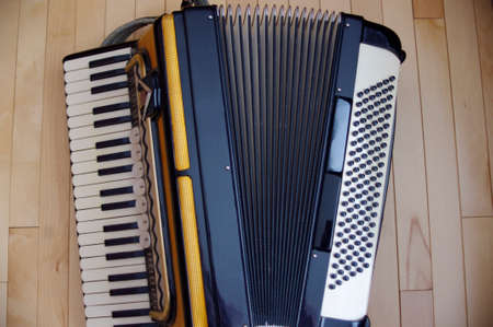 close up of vintage accordion with keys and buttonsの写真素材