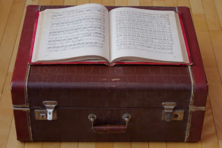 antique red and blue books on vintage brown leather suitcase with copy spaceの写真素材