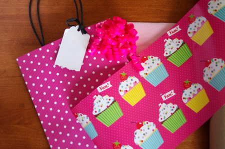 pink birthday gift wrapping suppliesの写真素材