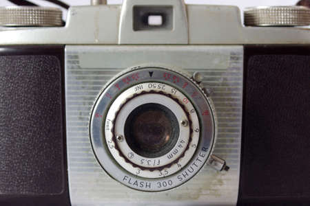 close up of old vintage film camera on white with copy spaceの写真素材