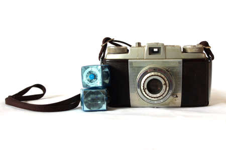 old vintage film camera with flashcubes on white with copy spaceの写真素材