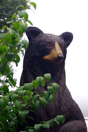 wooden carving of black bear in treesの写真素材