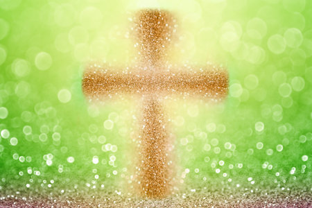 Abstract Christian cross glitter bokeh light background for happy Easter pattern, Crucifixion and Resurrection of Jesus Christ or Christianity religious faith belief prayer save texture. He is risenの写真素材