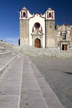 Stairs with a church in the background in Oaxaca, Mexico
