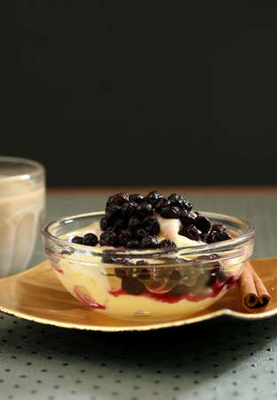 Fresh bowl of blueberries and pudding for dessertの写真素材