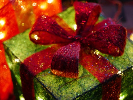 Close up still life image of bright sparkly chrsitmas presentsの写真素材