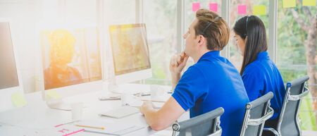 Customer support operator at work. Team Business and Delivery call center in office. Working with a...