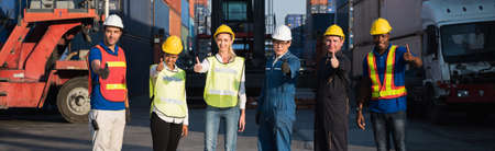 Group of foreman man & woman worker working checking at Container cargo harbor to loading containers. Dock male and female staff business Logistics import export shipping concept.の写真素材
