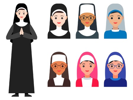 Vector illustration of Catholic Nuns from various cultures in white backgroundのイラスト素材